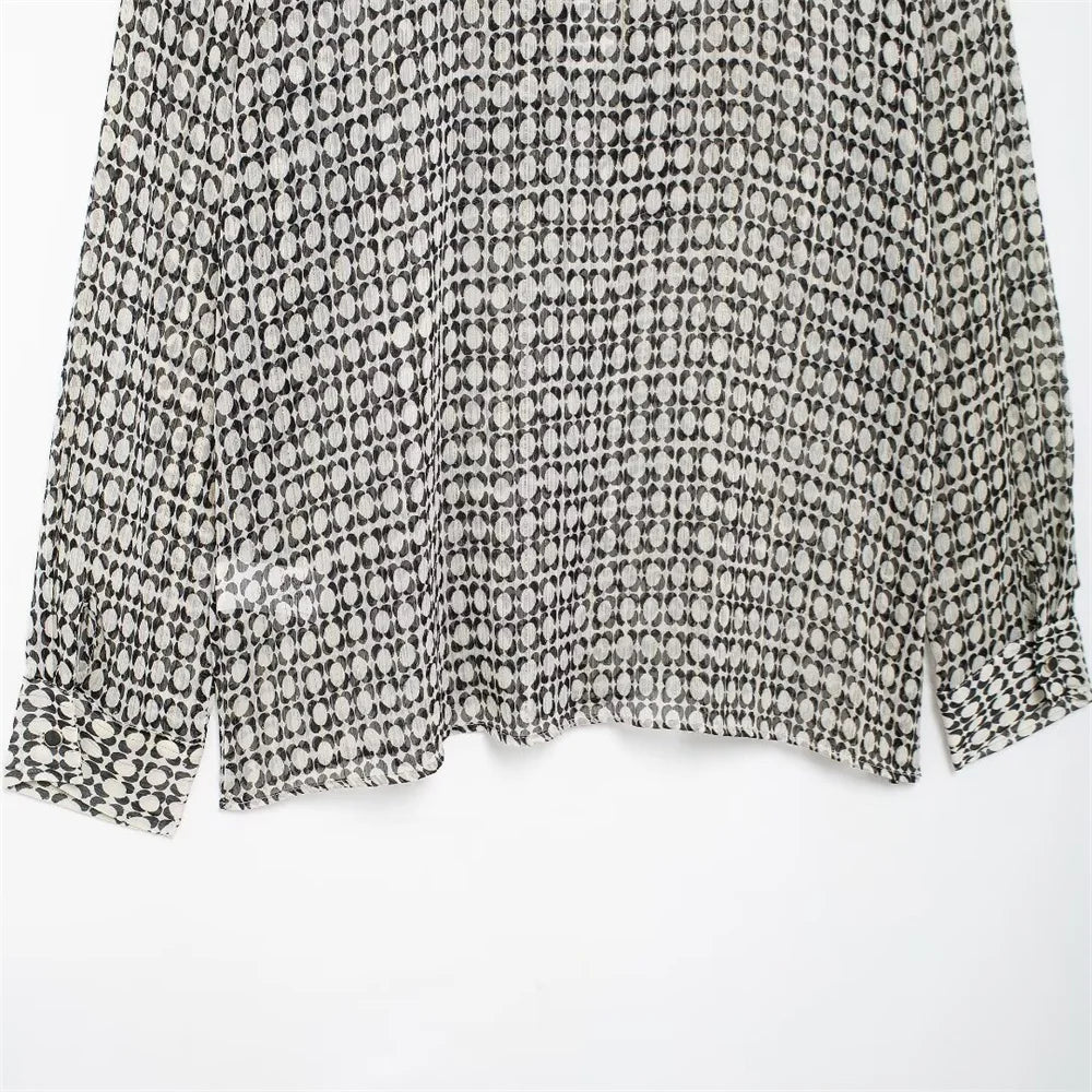 Women's Versatile Long Sleeve Printed Shirt with Decorative Chest Stacking and Casual Collar for Autumn Fashion and Leisure Wear