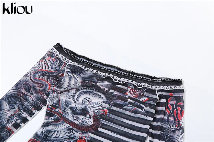 Mesh Trend Print 2 Piece Set for Women with Hipster Slash Neck Full Sleeve Top and Matching Slim Fit Pants