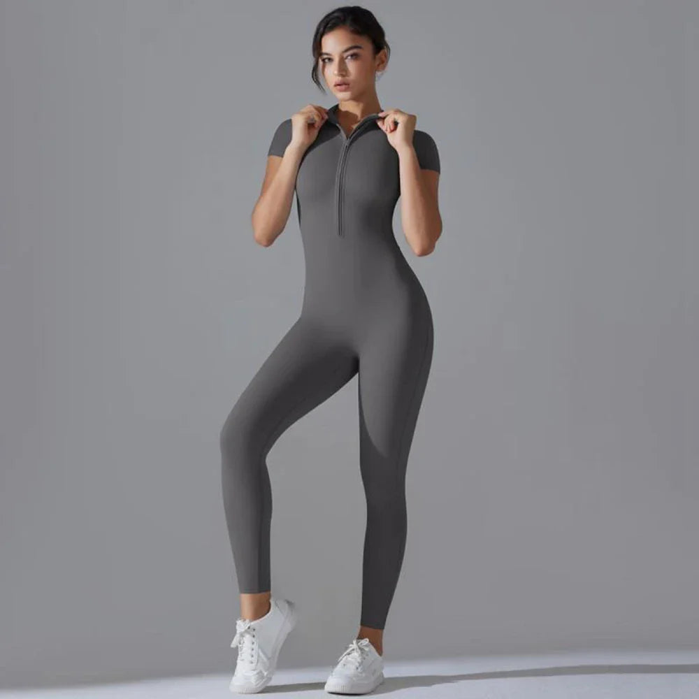 Womens Short Sleeve Yoga Jumpsuit Slim Fit Stretch One Piece Romper with Front Zipper Sexy Fitness Activewear Basic Sportwear in Black