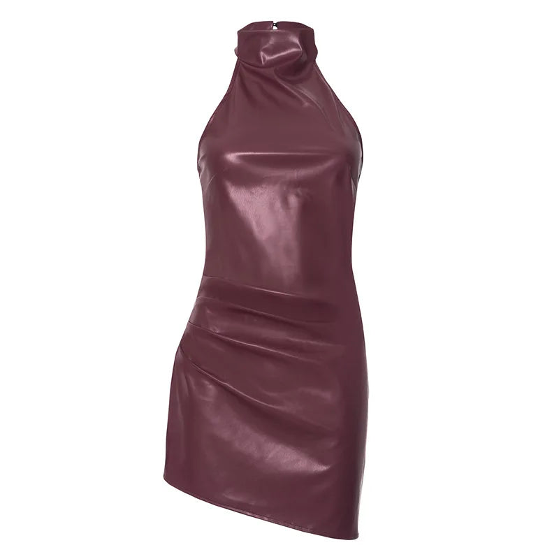 Women's PU Leather Halter Neck Back Dress Slim Fit Spring