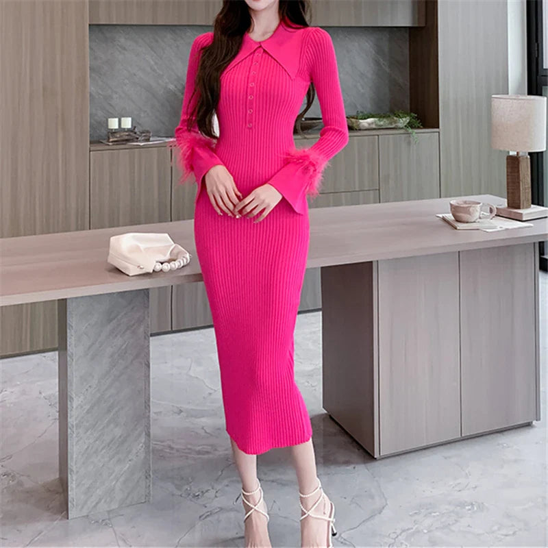 Polo Collar Wrap Knit Dress for Women Long Sleeve Bodycon