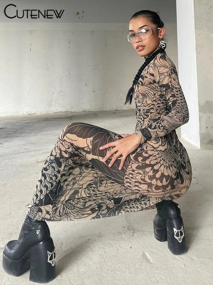 Elegant Long Sleeve Printed Maxi Dress With O Neck