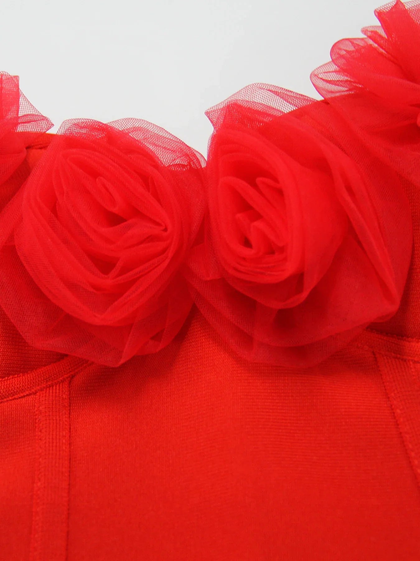 Red Strapless Knee Length Bodycon Dress With 3D Flowers