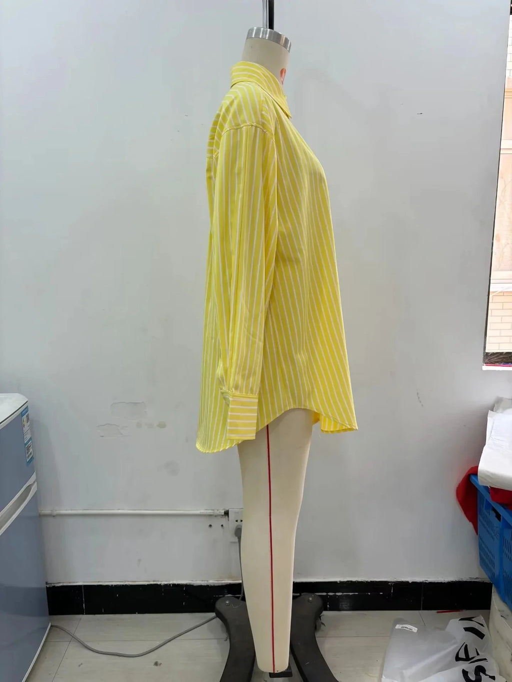 Casual Women Striped Butter Yellow Shirt Vintage Thin Fabric Turn-Down Collar Single Breasted Button-Up Top