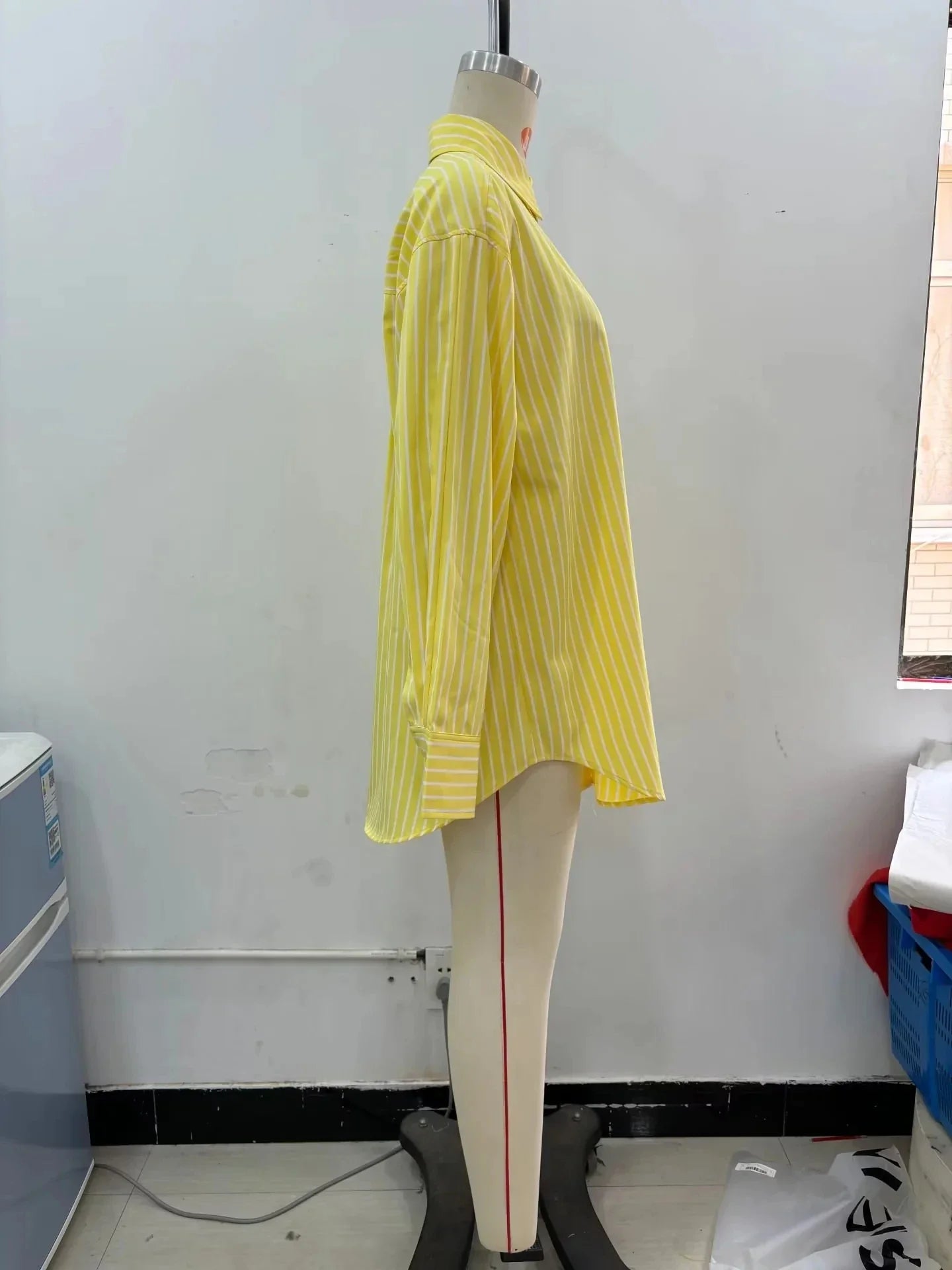 Casual Women Striped Butter Yellow Shirt Vintage Thin Fabric Turn-Down Collar Single Breasted Button-Up Top