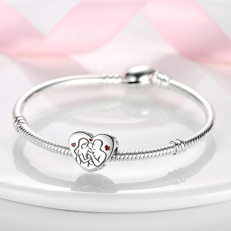 925 Sterling Silver Love Heart Family Charm Bead Pendant for Women's Bracelet Jewelry Gift
