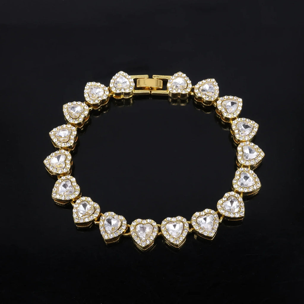 Hip Hop Tennis Chain Bracelet Necklace Set with Shiny Heart Rhinestone CZ Fashion Jewelry