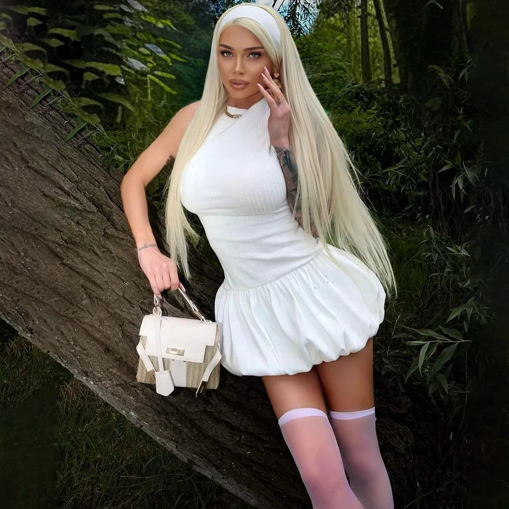 Ribbed Sleeveless Patchwork Bubble Backless Minidress