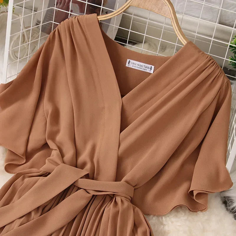 Chiffon Pleated Lace Up V Neck Dress For Women Summer