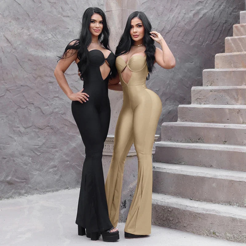 V-Neck Strapless Hollow Out One-Piece Jumpsuit Tight Fit Sporty Fitness Bodysuit for Buttock and Abdomen Lifting