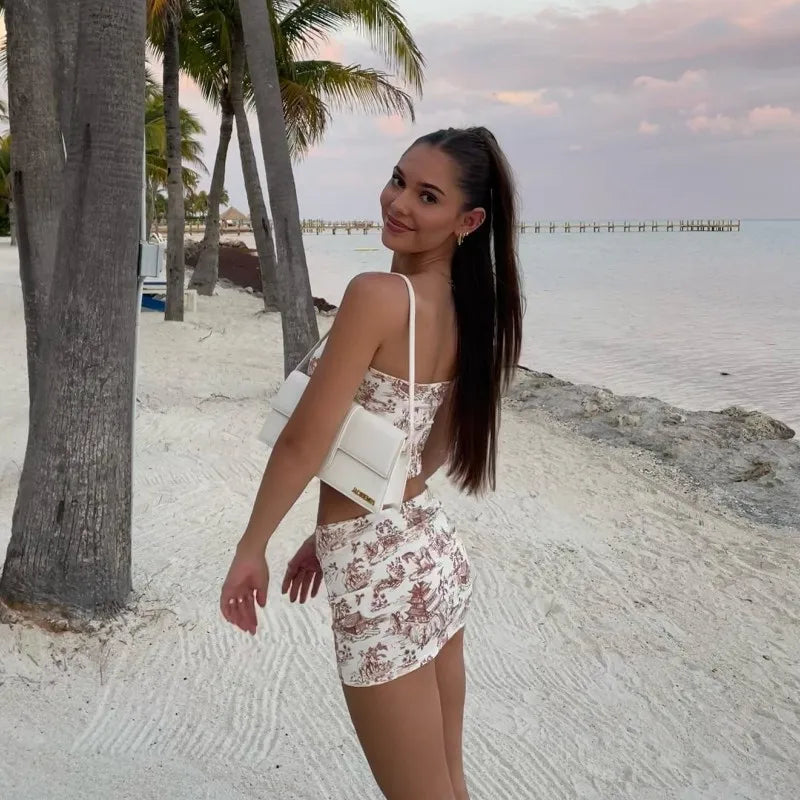 Women's Summer Two-Piece Set Sleeveless Strapless Retro Print Top and High Waist Slim Mini Skirt Streetwear Outfit