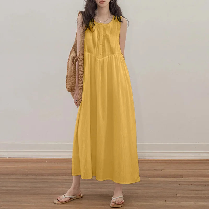 Sleeveless Pleated Long Sundress For Summer Beach Casual