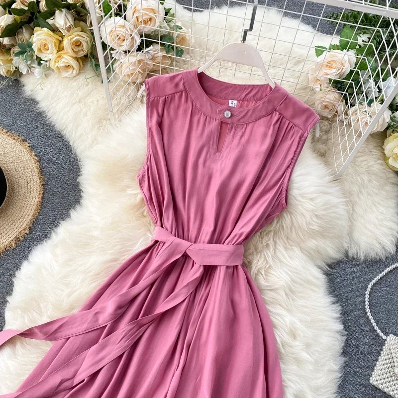 Sleeveless Summer Dress Solid Colors Green Blue Yellow Casual