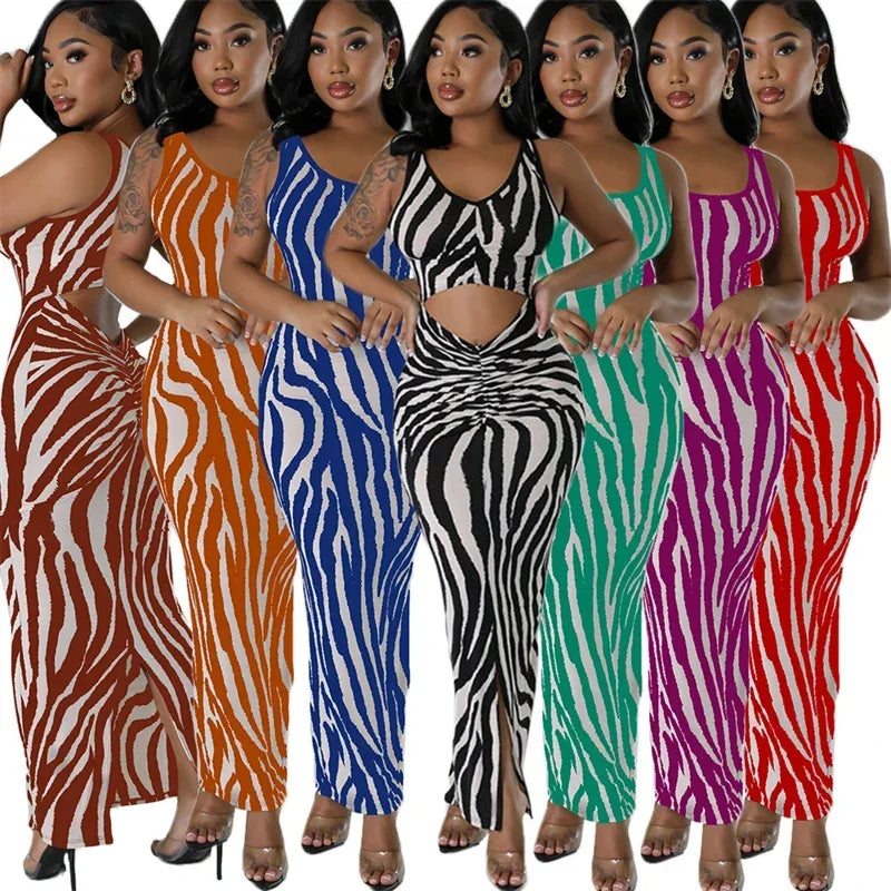 Zebra Print Bodycon Maxi Dress Ruched Sleeveless Party