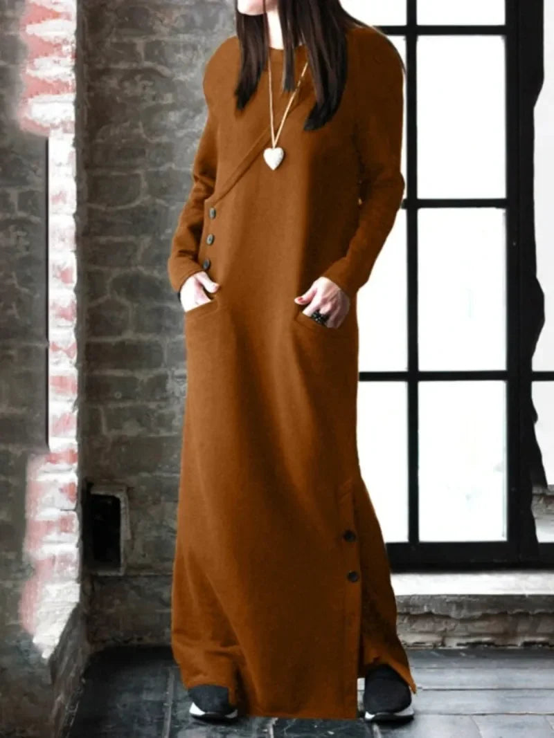 Women Winter Warm Maxi Dress With Fleece Lining Long Sleeve