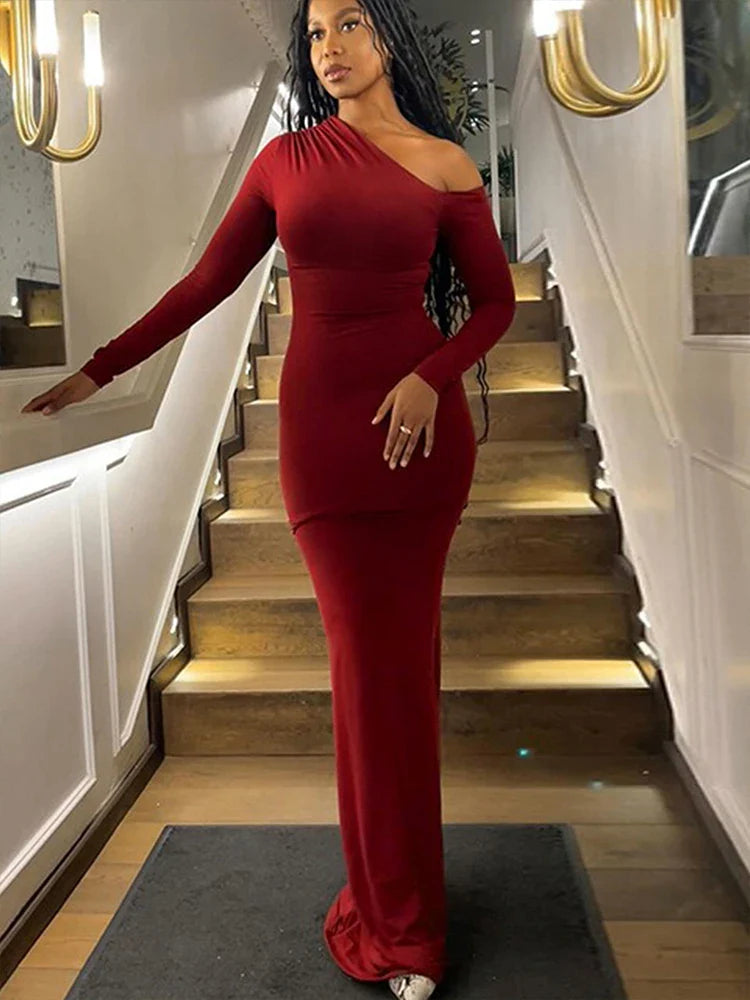 One Shoulder Red Dress Knit For Women Autumn Winter Fashion
