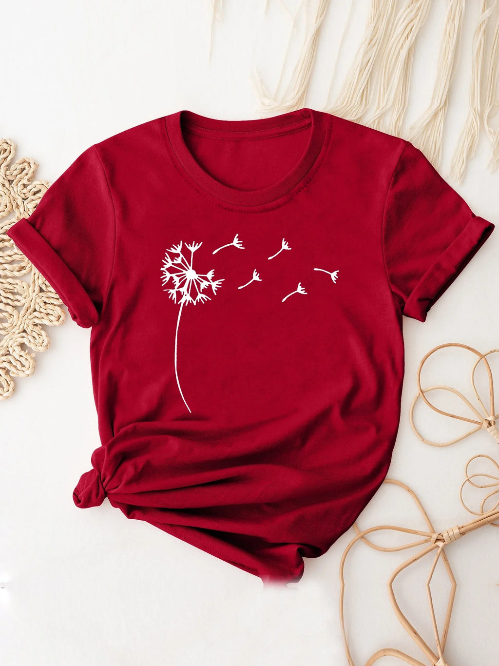 Dandelion Print Casual Crew Neck T-Shirt for Women, Short Sleeve Spring and Summer Top