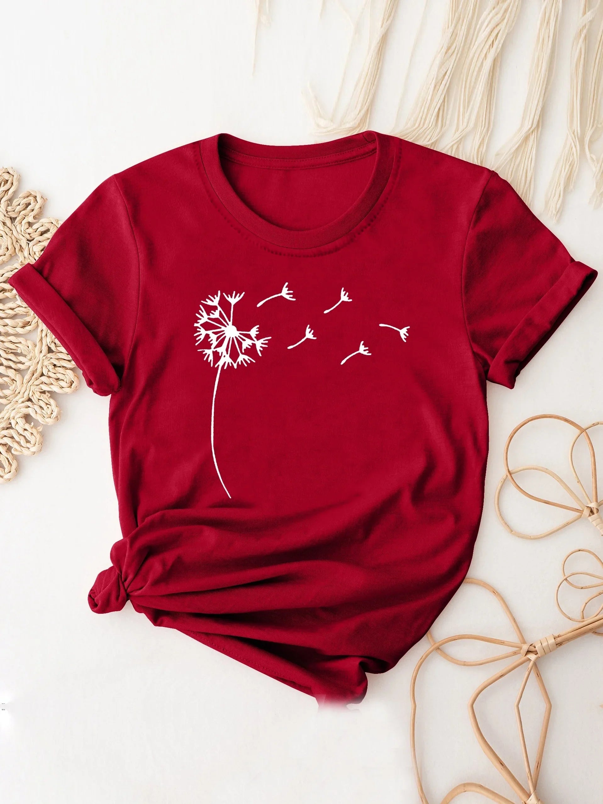 Dandelion Print Casual Crew Neck T-Shirt for Women, Short Sleeve Spring and Summer Top