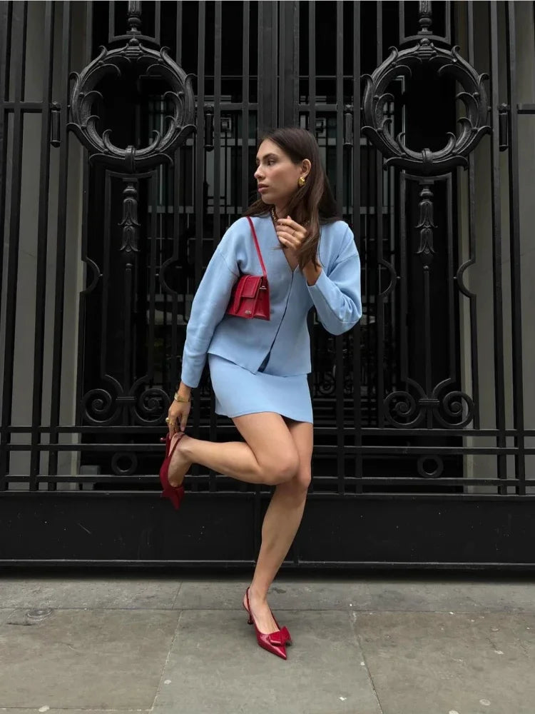 Women's Knit Tailored Cardigan and Skirt Set V-Neck Long Sleeve Jacket with High Waist Elastic A-Line Mini Skirt Stylish Two-Piece Outfit