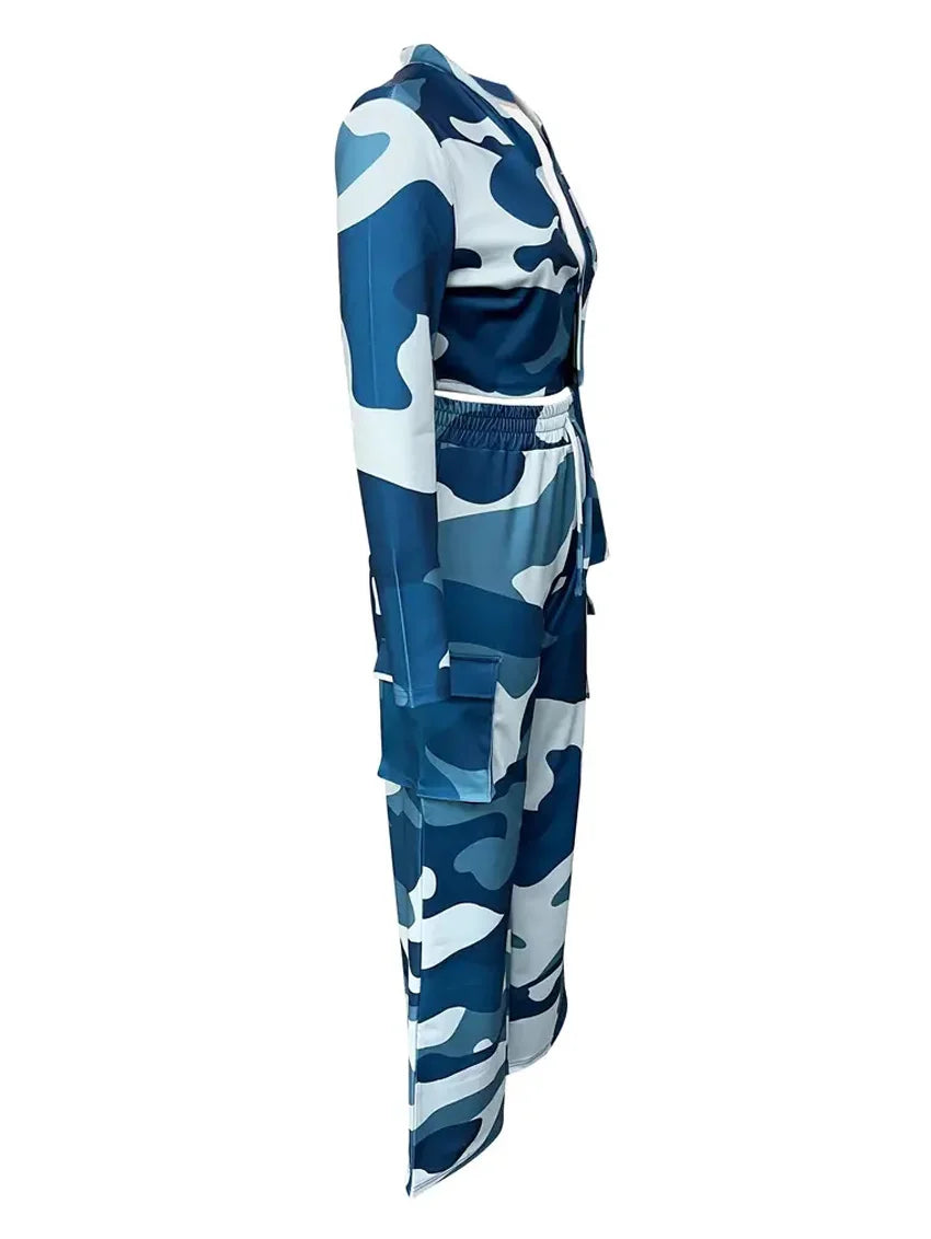 Camo Print Cargo Pants Set with Sexy Crop Top and High Waist Wide Leg Trousers for Women