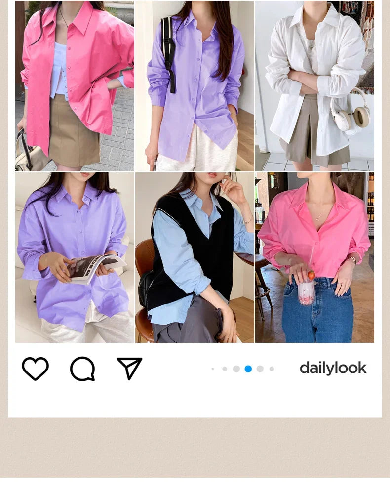 Women's Casual Loose Fit Long Sleeve Lapel Shirt 100 Percent Cotton Pure Color Versatile Layering Top for Spring and Autumn