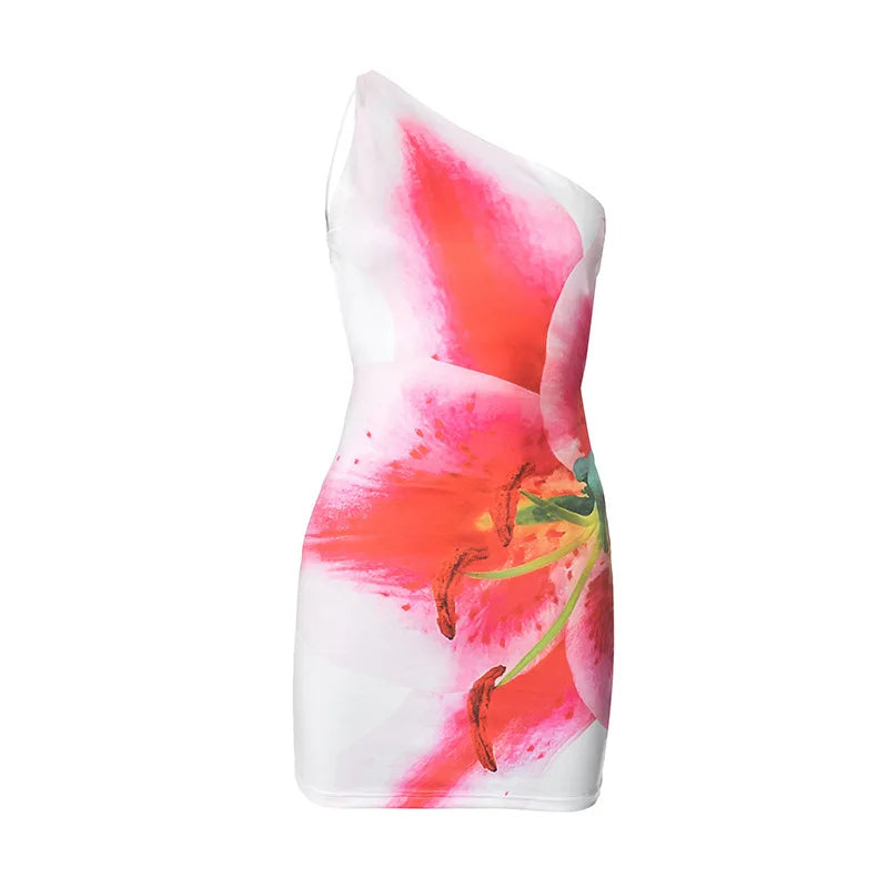 One Shoulder Floral Print Mini Dress Backless Bandage