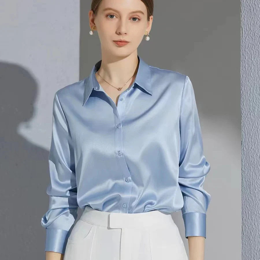Satin Finish All-Match Blouse for Women Long Sleeve Casual Elegant Button Down Shirt Solid Color French Style Office Top
