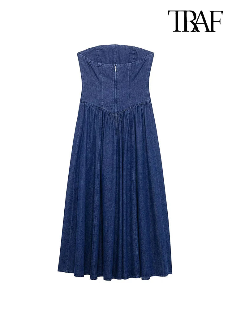 Denim Sheath Party Dress With Drawstring Navy Back Zipper