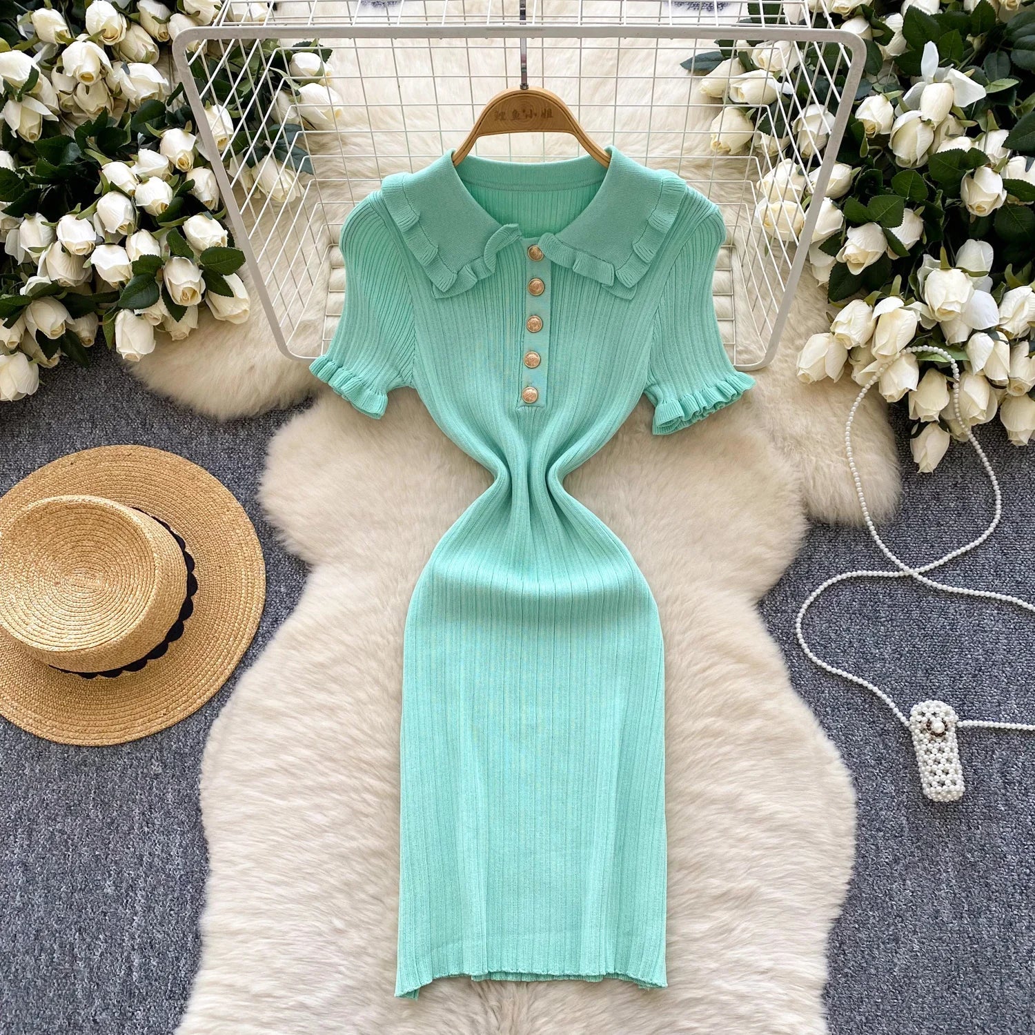 Ruffles Knit Wrap Dress For Women Summer Short Sleeve Casual