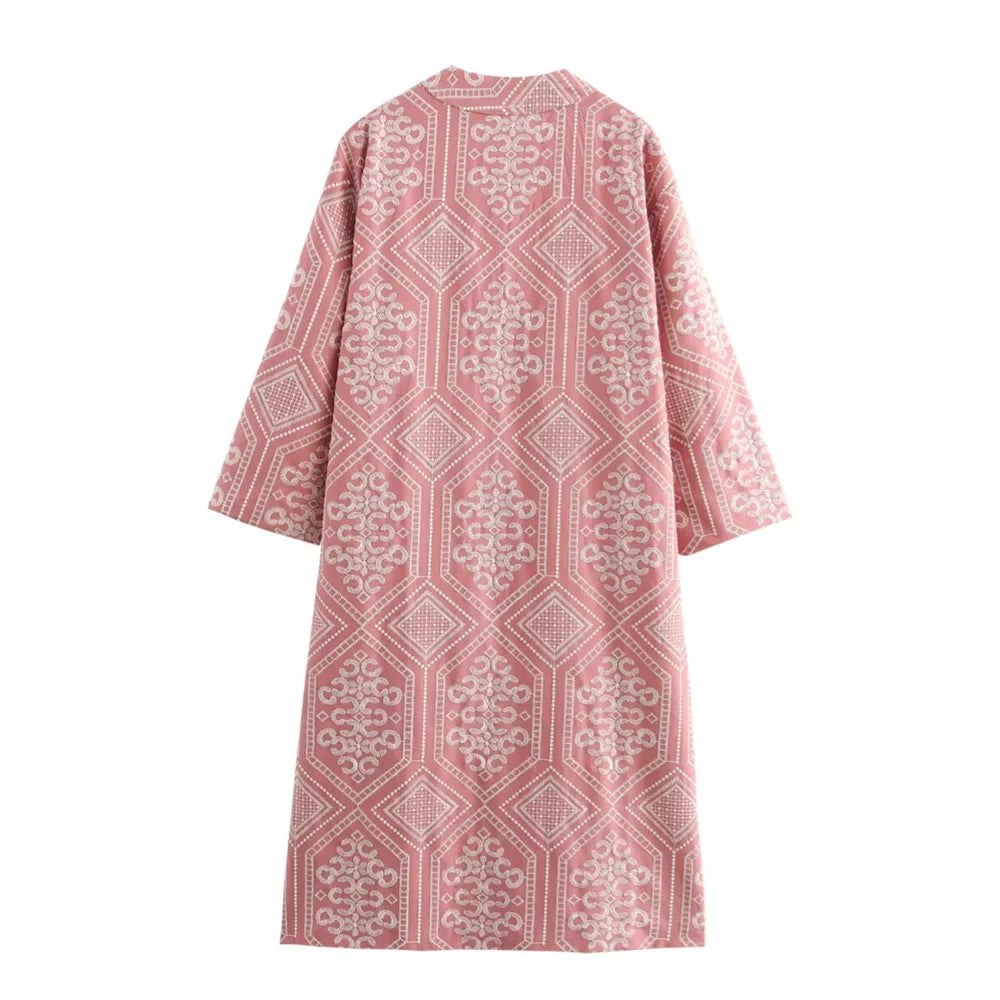 V-Neck Embroidered Kimono Style Mid-Length Windbreaker and High Waisted Straight Leg Pants Set for Women