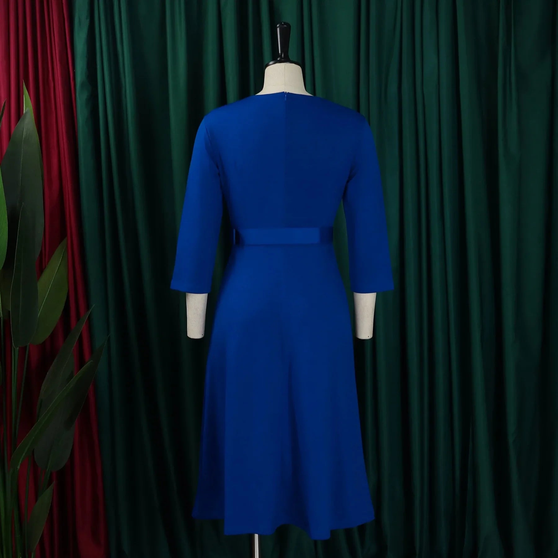 V Neck Office Dress For Women Belted Pleated Mid Calf