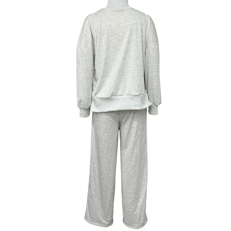 Women's Autumn Casual 2 Piece Turtleneck Pullover Top and Wide Leg Pants Set