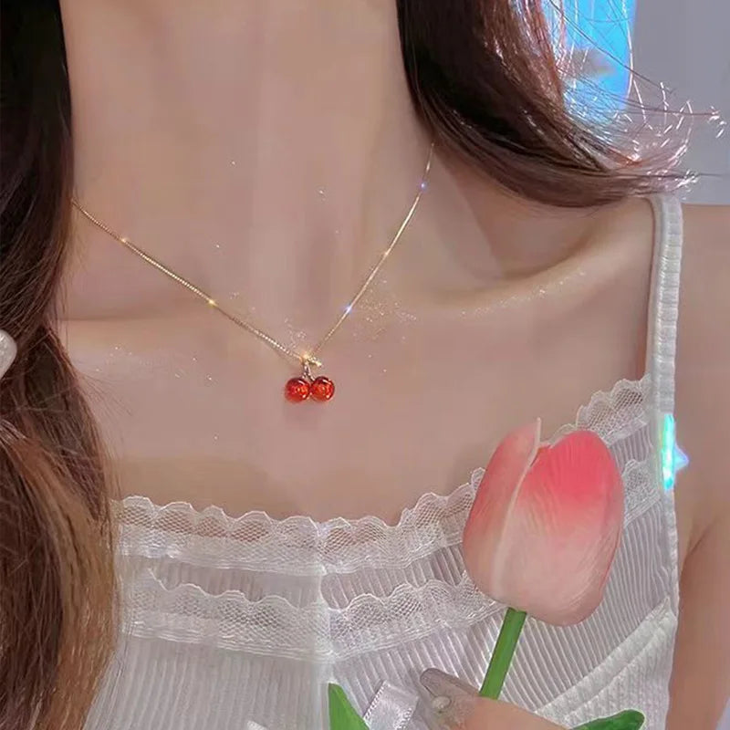 Red Cherry Pendant Necklace and Earrings Set for Women Fashion Jewelry Perfect for Parties and Weddings