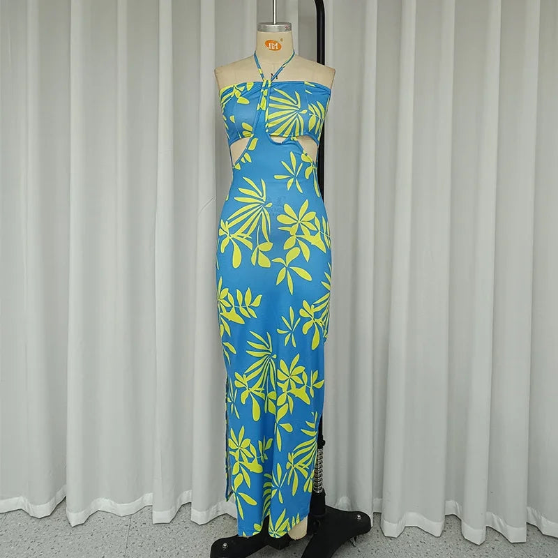 Sleeveless Halter Neck Backless Beach Maxi Dress With Slit