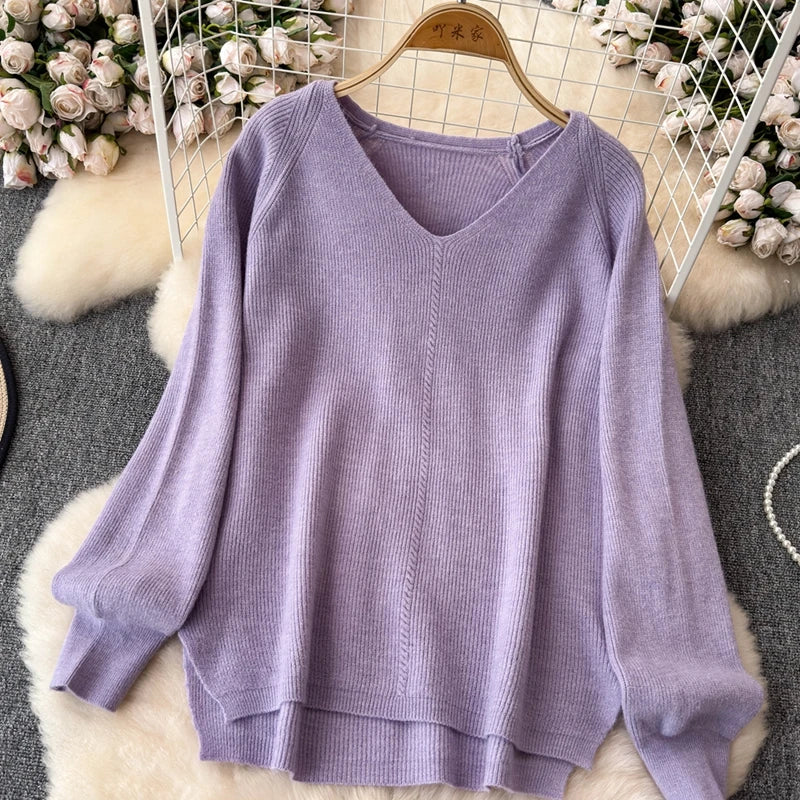 Cozy Knitted Two-Piece Women's Tracksuit Set with V-Neck Sweater and Straight Jogging Pants Autumn Winter Lounge Wear