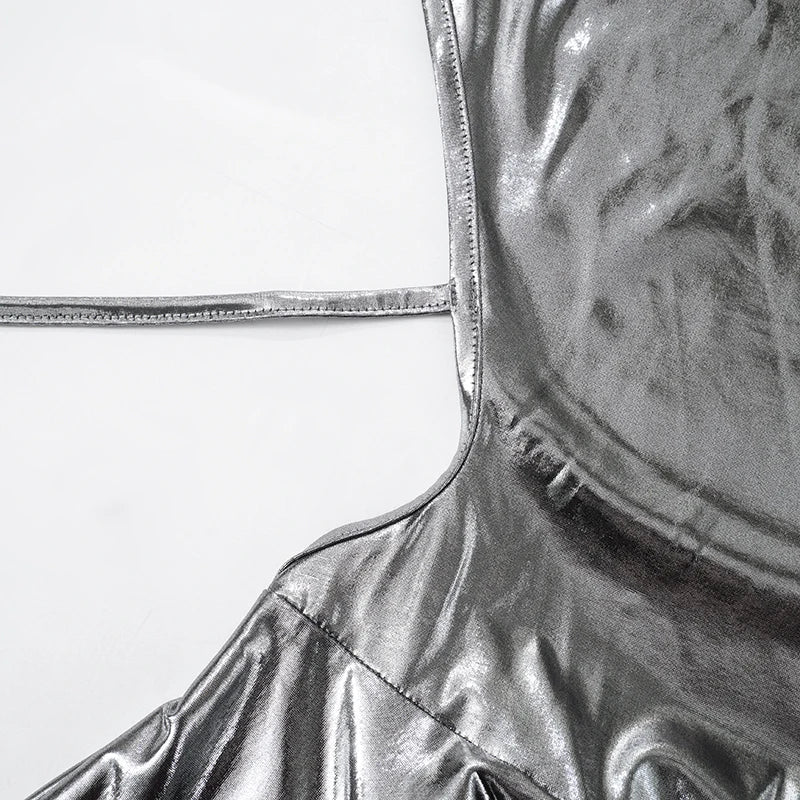 Metallic V Neck Backless Pleated Mini Dress For Women