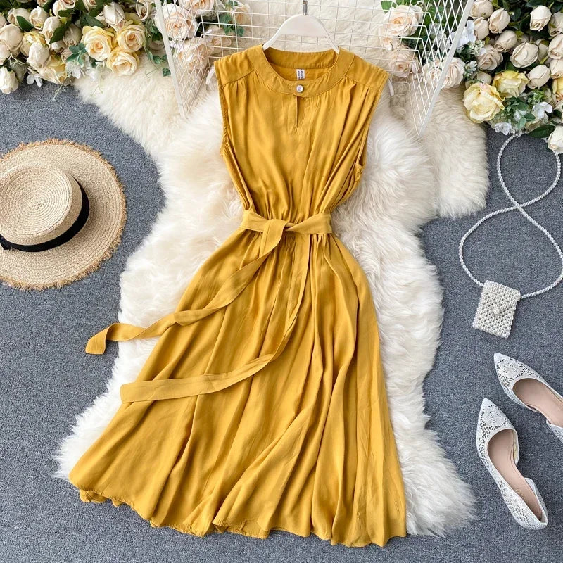 Sleeveless Summer Dress Solid Colors Green Blue Yellow Casual