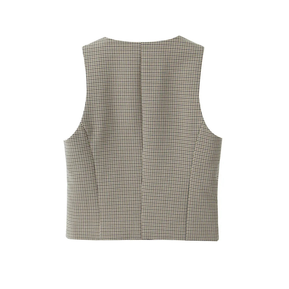 Women's Fashion Button-Up Check Waistcoat With High Waist Belted Straight Pants Two Piece Set