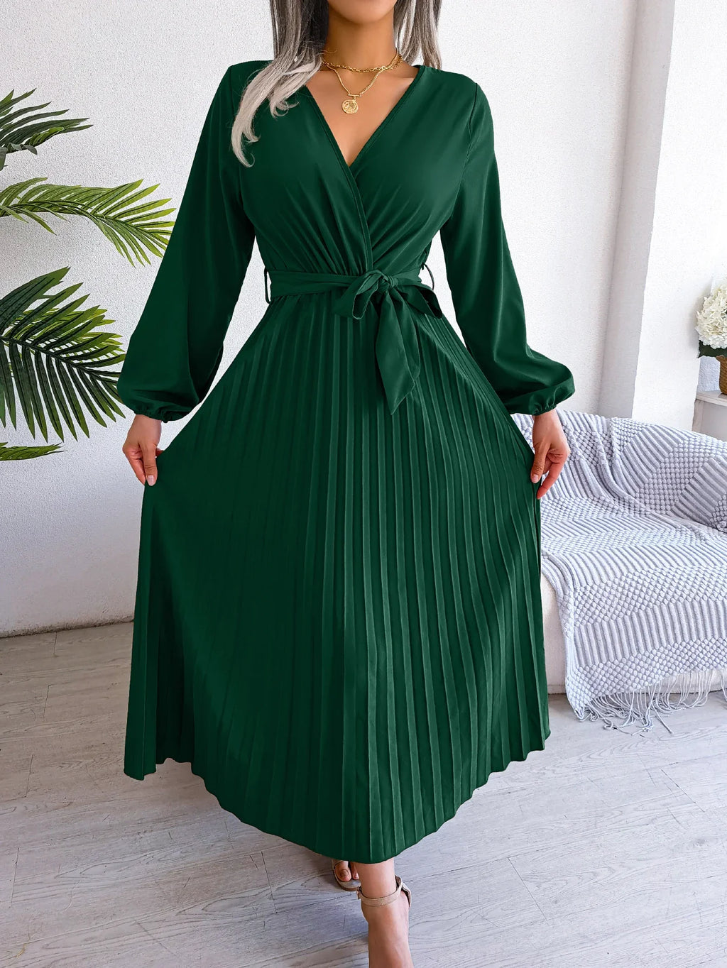 Elegant Surplice Neck Pleated Maxi Dress With Belt Flair