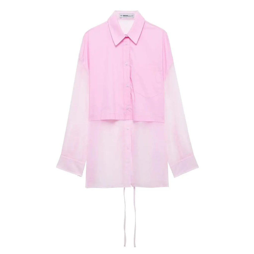 Women's Patchwork Translucent Blouse with Lace-Up Detail Casual Lapel Single-Breasted Long Loose Top for Spring and Summer
