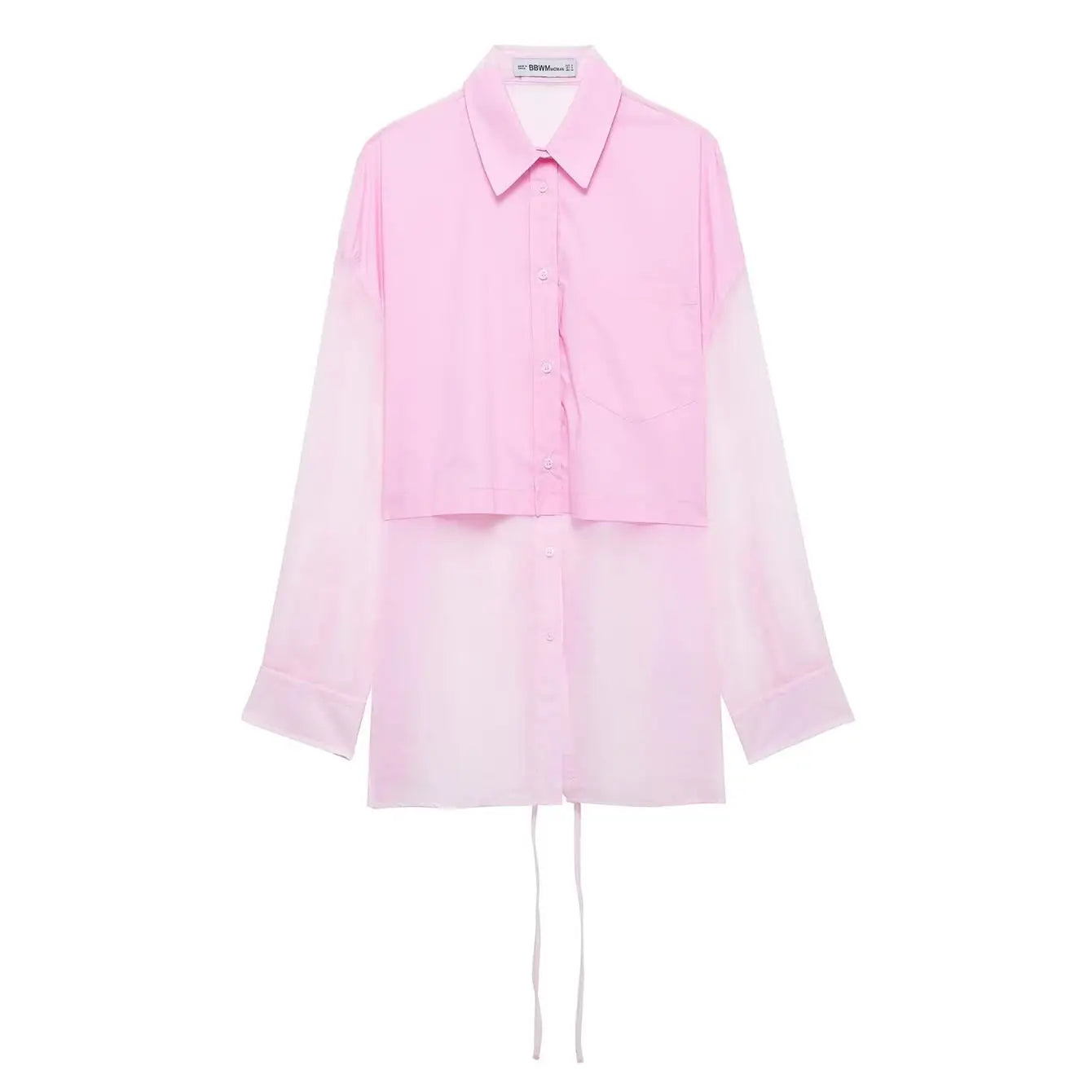 Women's Patchwork Translucent Blouse with Lace-Up Detail Casual Lapel Single-Breasted Long Loose Top for Spring and Summer
