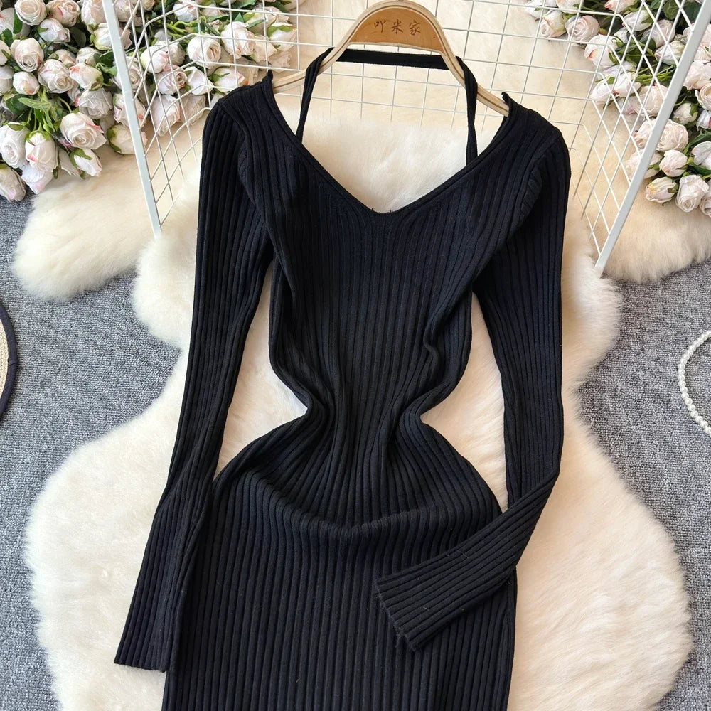 White Long Sleeve V Neck Lace Up Elegant Dress For Women