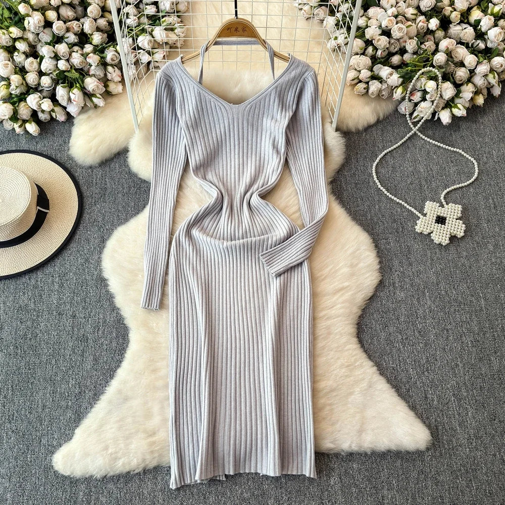 White Long Sleeve V Neck Lace Up Elegant Dress For Women