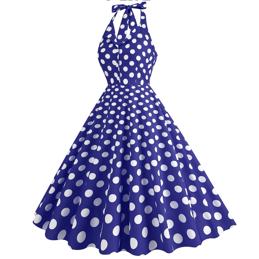 Retro Polka Dot Lace Up Backless Dress With Swing Puff