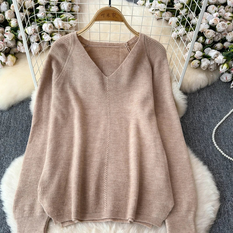 Cozy Knitted Two-Piece Women's Tracksuit Set with V-Neck Sweater and Straight Jogging Pants Autumn Winter Lounge Wear