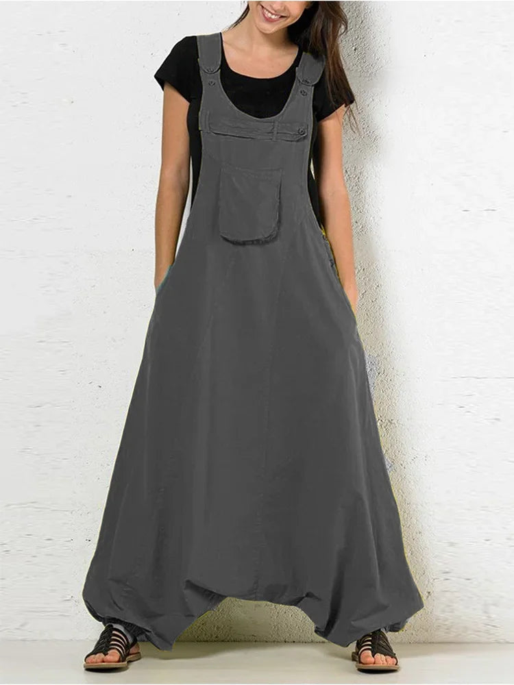 Women's Vintage Pocketed Oversized Jumpsuit Casual Harajuku Style Romper Solid Color Retro High Street Harem Overalls