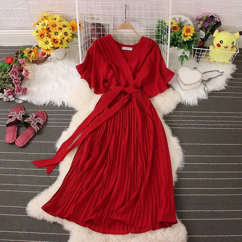 Chiffon Pleated Lace Up V Neck Dress For Women Summer