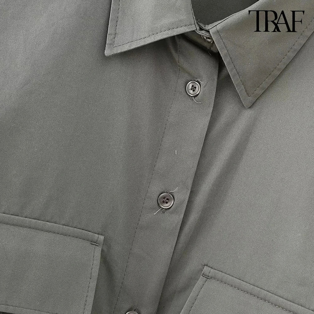 Women's Vintage Lapel Collar Patch Pocket Shirt Long Sleeve Single Breasted Casual Blouse Street Style Top