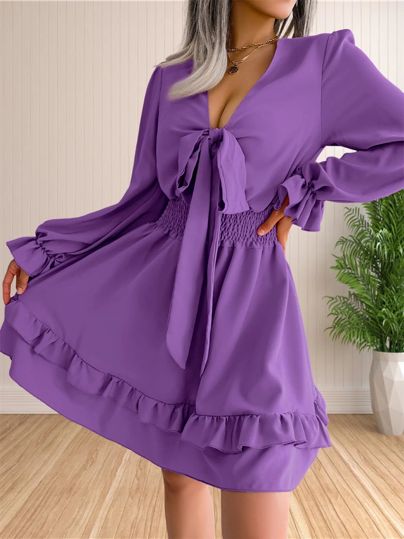 Womens V Neck Knot Front Smocked Waist Tiered Skater Dress