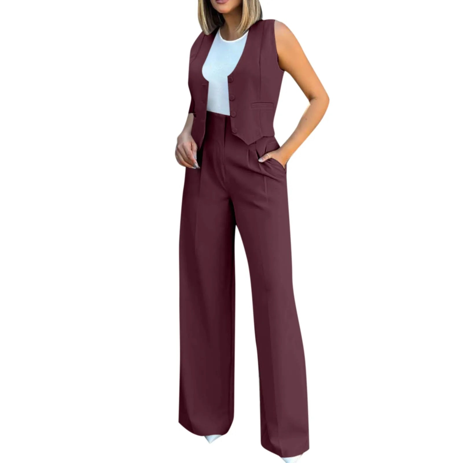 Sleeveless V-Neck Vest and High Waist Wide Leg Pant Set for Women Casual Chic Vintage Elegant Two Piece Outfit for Office and Everyday Wear